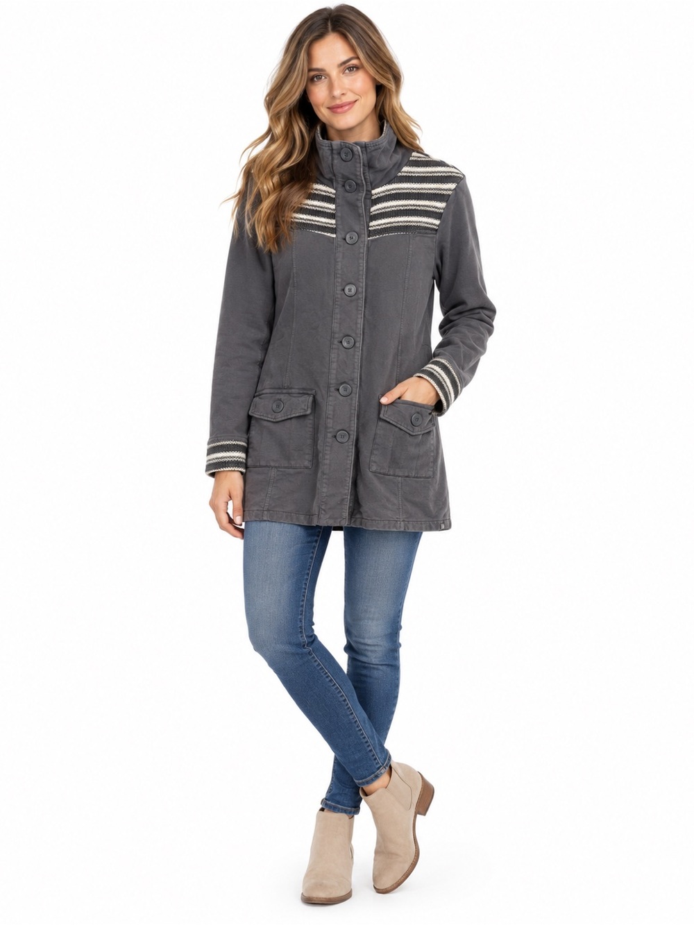 prAna XL Charcoal Gray Striped Knit Longline Utility Jacket Boho Outdoor